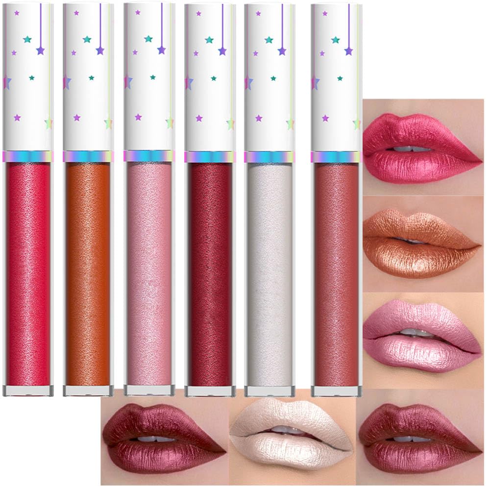 evpct 6Pcs Rose Bronze Gold Nude Pink White Dark Maroon Red Metallic Shimmer Glitter Lip Gloss Liquid Lipstick Set for Women Long Lasting Waterproof 24, Pearlescent Sparkly Glossy Lipsticks Lip Makeup