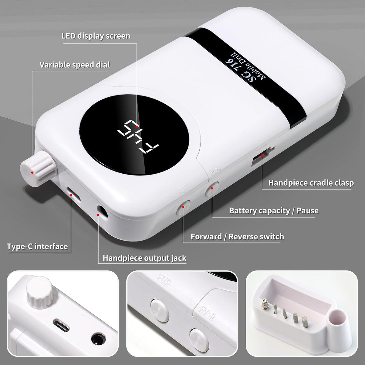 Electric Nail Drill Professional Kit - 45000RPM Electric Nail File Efile Portable Nail Drill Cordless with Bits & Base,E File Machine Nail Grinder for Women (White)