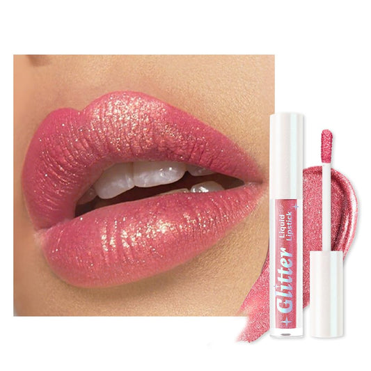 Nude Pink Metallic Lipstick for Women,Lightweight Glitter Sparkling Liquid Lipsticks,Shimmer Lip Gloss Stain Long Lasting Waterproof Smudge Proof Non-Drying 24 Hour Full Coverage Lip Makeup,Vegan