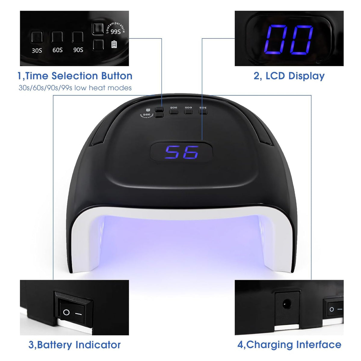 Rechargeable UV LED Nail Lamp 60W Cordless Nail Dryer LED Gel Polish Light with LCD Display, Auto Sensor and 4 Timer Settings, Professional Curing Lamp with 42 LED Beads for Salon and Home