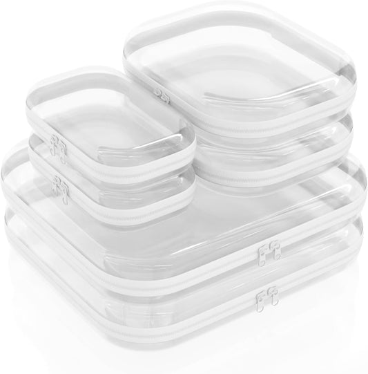 Extra Large 13.7" Durable Clear Hard Shell Zipper Case 6 Pack, 2x Large, 2x Medium, 2x Small, Clear Travel Makeup Case, Hard Plastic Travel Toiletry & Cosmetic Bag, Toy & Make Up Organizer Pouch