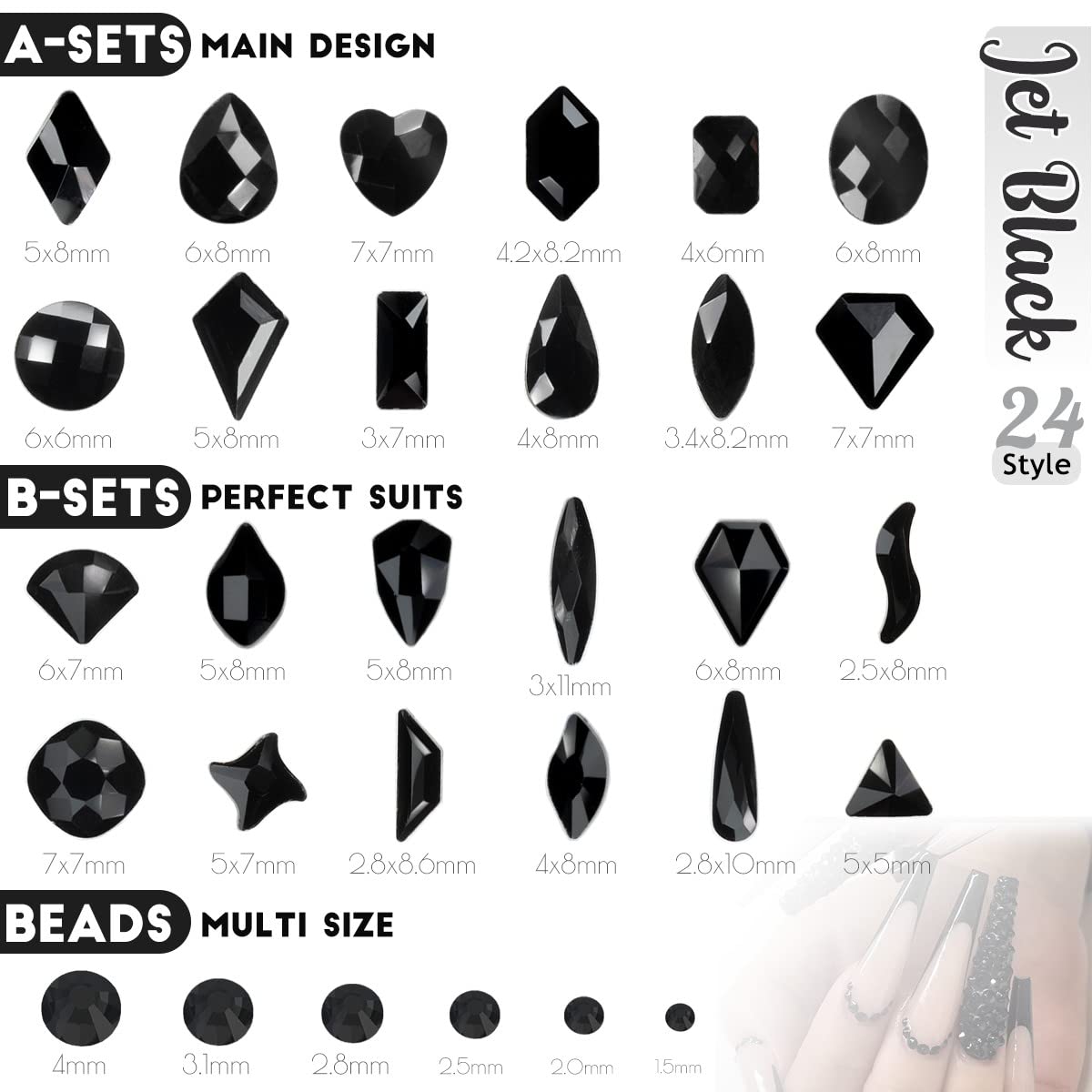 24 Styles Jet Black Nail Rhinestones Multi Shapes Flatback Gems Round Beads K9 Glass Crystals Stones Diamonds Jewels Nail Art Charms Supplies for Nails Face Eyes Makeup Crafts Tumblers Bottles