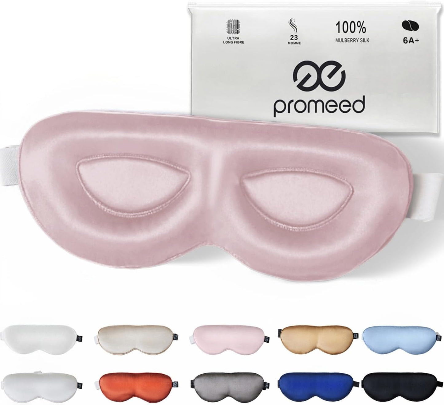 PROMEED Adjustable Pure Mulberry Silk Sleep Mask 23 Momme, 3D Contoured No-Pressure Cup Eye Mask for Sleeping, Super Soft Breathable Blindfold, Perfect Blocks Light for Sleeping (Pink)