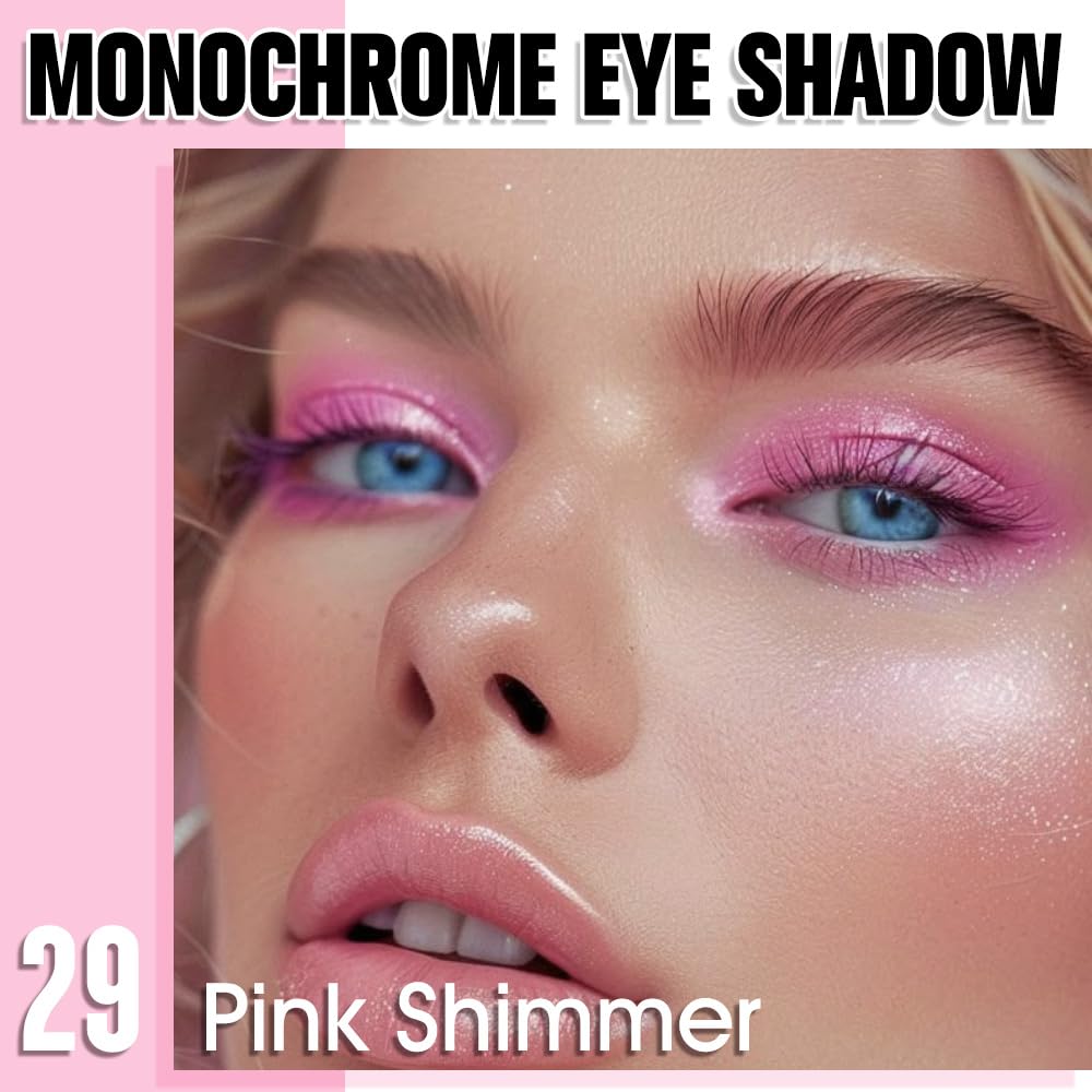 Single Glitter Shimmer Sparkle Eye shadow Palette Makeup, Pink Shimmer Eyeshadow for Women, Pigmented Waterproof Sombras Para Ojos, Vegan, Talc, Paraben & Cruelty Free, 29