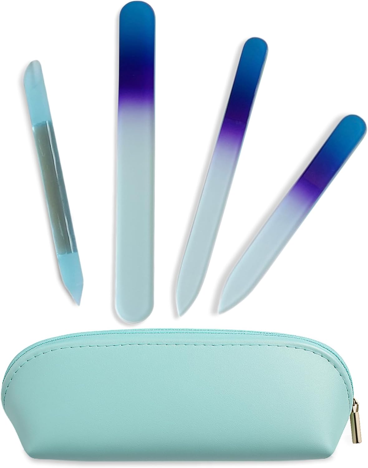 Alban Czech Glass Nail File Set with Manicure Stick & Vegan Leather Cosmetic Case (Royal Blue & Purple Nail Files, Light Blue Manicure Stick & Cosmetic Case)
