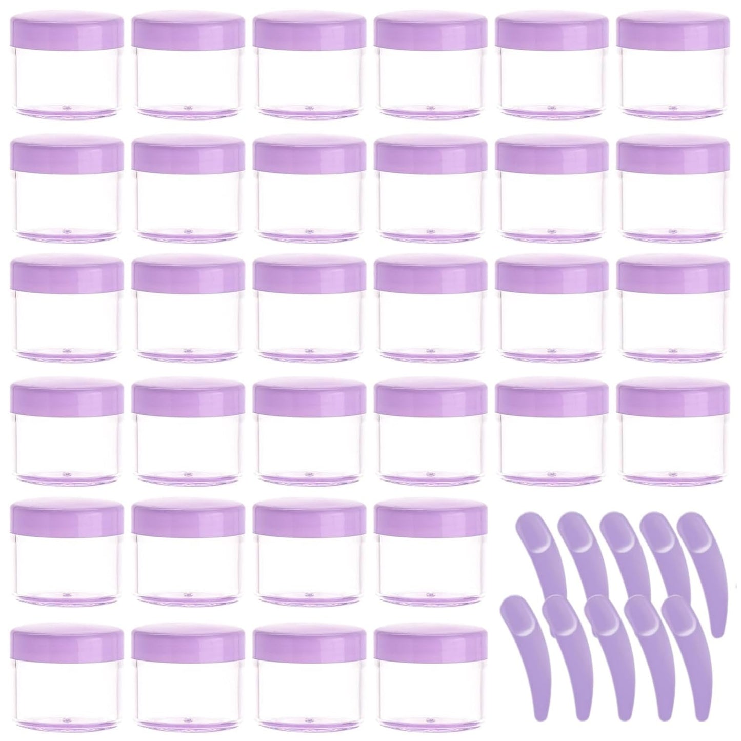 Refillable Cosmetic Sample Jars - 100 Pack 20g (0.7oz) Purple Small Travel Containers with Lids + 10 Mini Makeup Spatulas - BPA Free