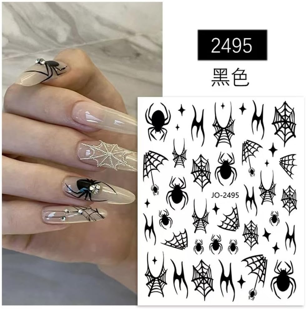 12 Sheets Halloween Stickers Spider Web Nail Art Decals 3D Self-Adhesive Halloween Decor Nail Supplies Charm Sticker Ghost Skull Bat Nail Art Stickers for Women Kid Girls Halloween DIY Decoration