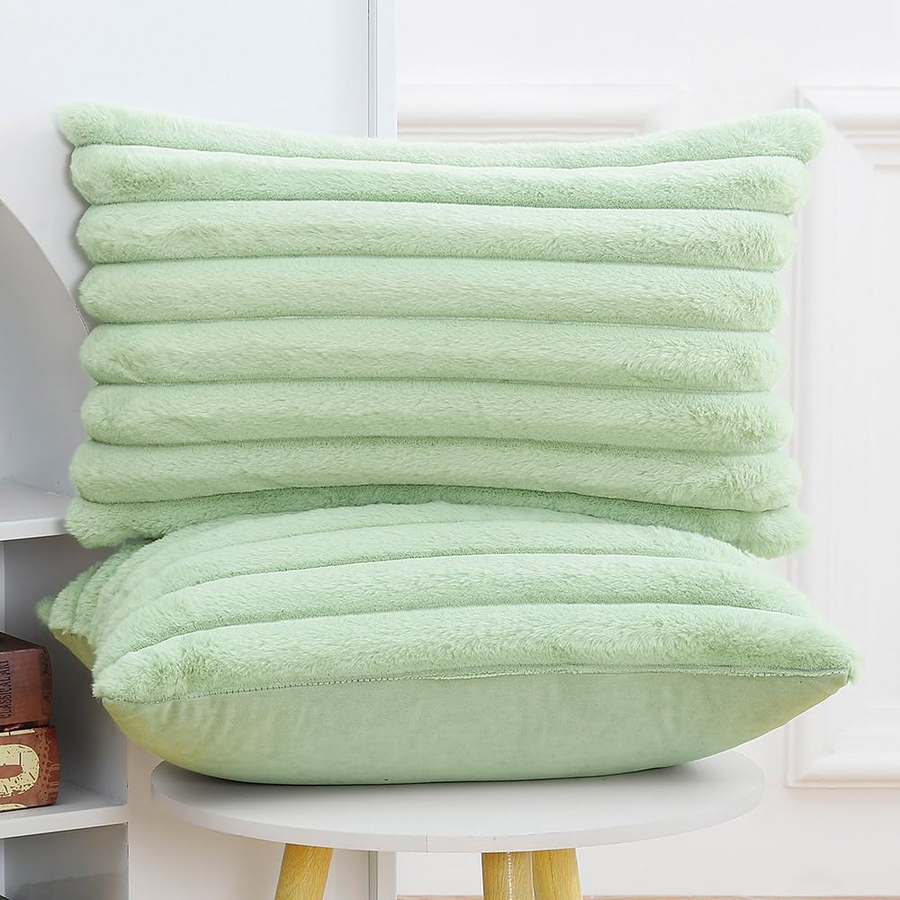 MADIZZ Set of 2 Faux Wool Plush Decorative Throw Pillow Covers 12x20 Inch Light Green Fluffy Striped Soft Decorative Cushion Cover for Sofa Bedroom Pillow Shell