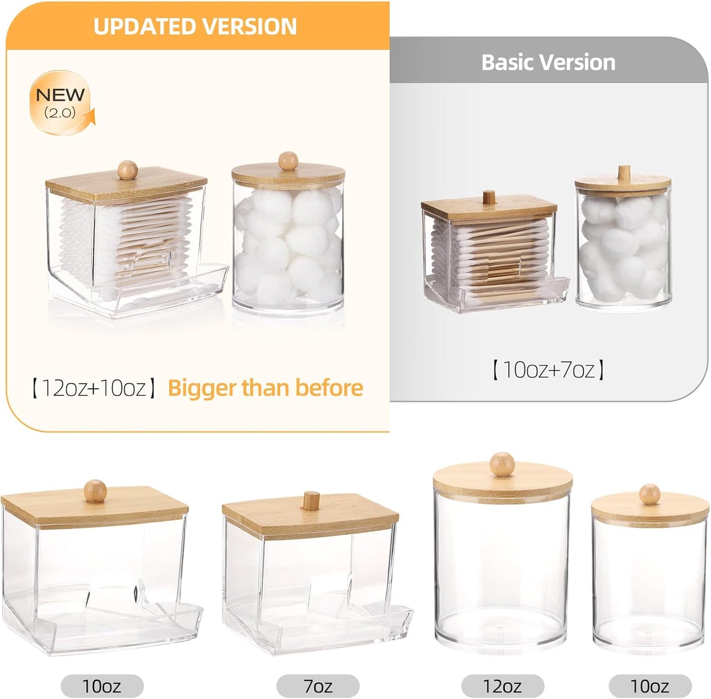 Tbestmax Qtips Dispenser, 10/12 oz Big Cotton Ball Holder Bathroom Container - Plastic Apothecary Jar Organizer for Storage Swabs, Rounds, Floss Picks - Bamboo Lids