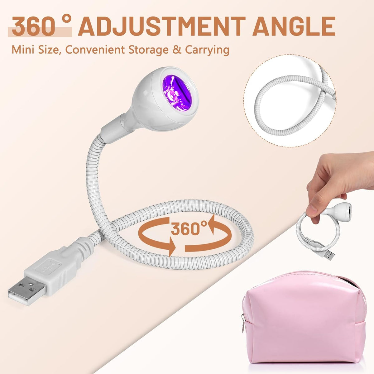 AORAEM UV LED Nail Lamp, 3W Portable Duck Neck UV Nail Lamps Dryer Gel Polish Curing Light with White Gooseneck for Gel Nails Tips USB Plug Play Nails Salon and Home DIY