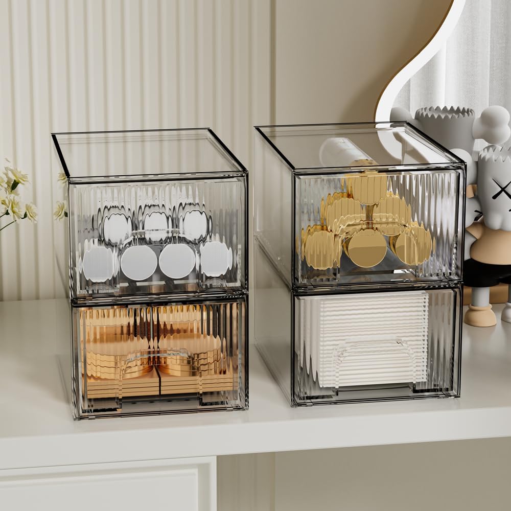Clear Stackable Acrylic Storage Drawers Set – 4 Pack Modular Organizer for Vanity, Bathroom & Cabinets