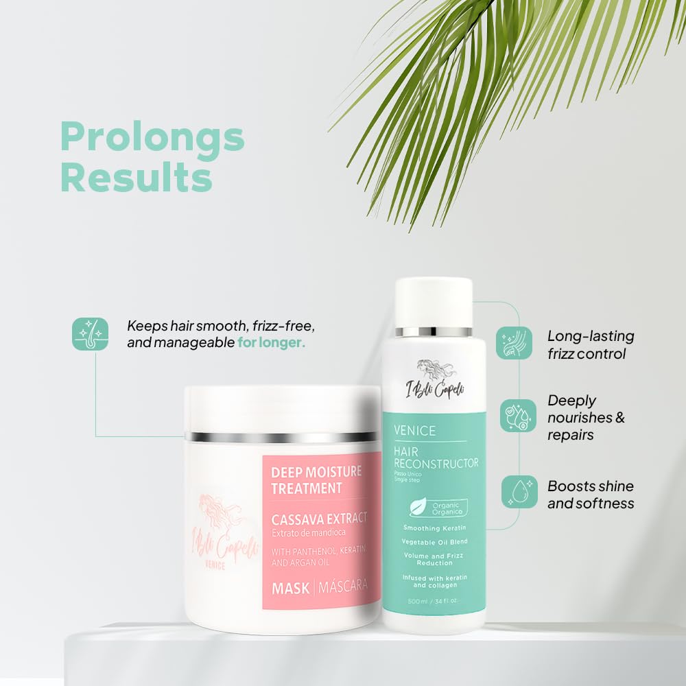 Venice Smoothing Keratin Kit, Keratin Hair Treatment Straightening Set- Keratina Para Alisar El Pelo Sin Formol - Paso Unico & Hair Mask for Silky Soft Hair (500g)- (Pack of 2)