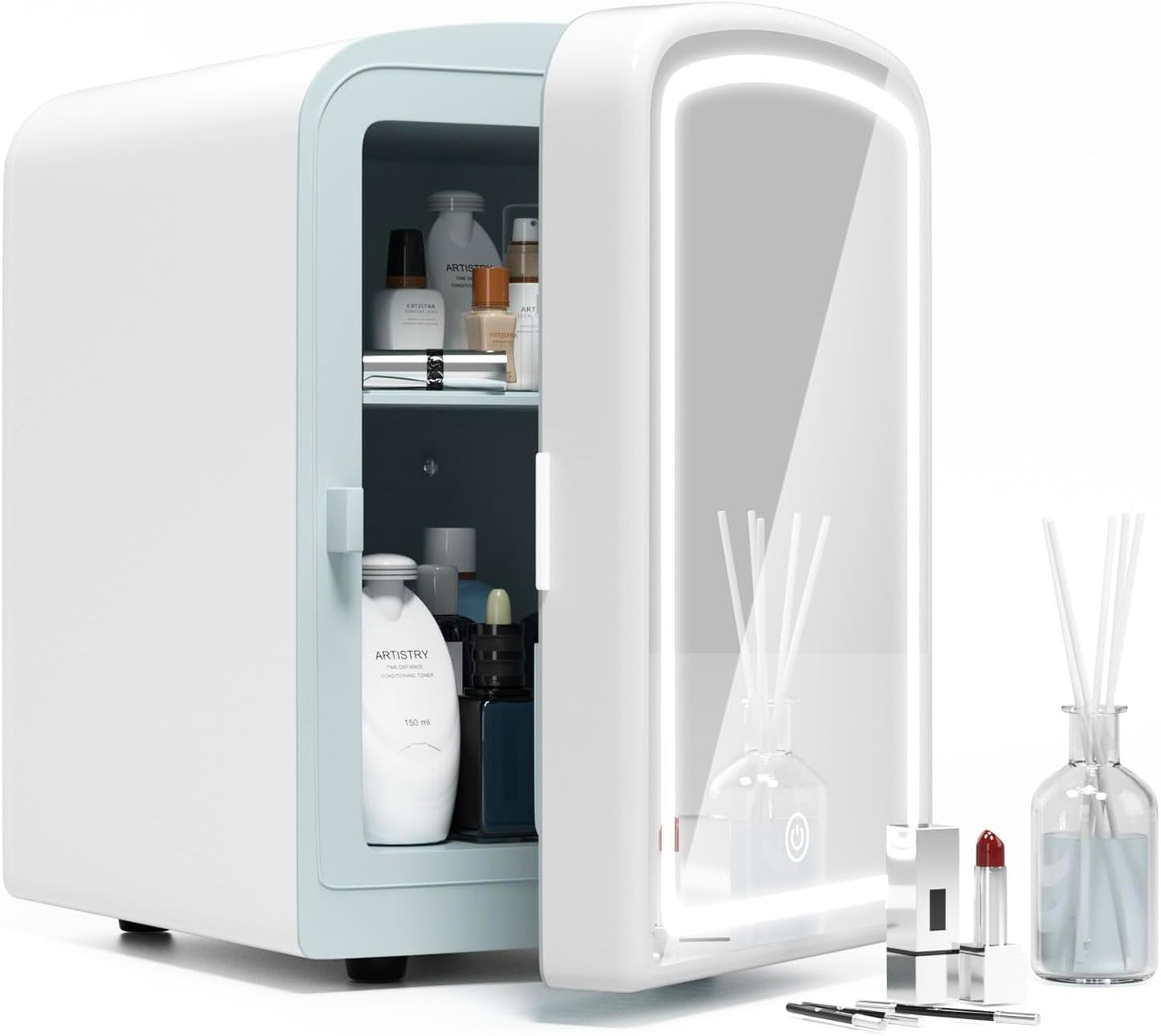 Mini Fridge for Skin Care, 4 Liter Portable Small Fridge with Dimmable LED Mirror, Cooling and Warming Function Personal Beauty Refrigerator for Bedroom, Office, Car, Makeup (White)