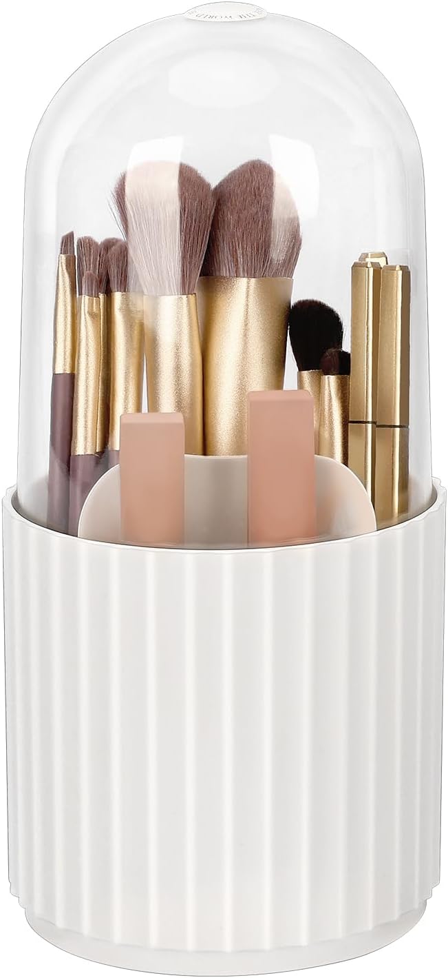 360° Rotating Makeup Brush Holder with Lid — Dustproof Vanity Brush Organizer for Bathroom Counter Storage