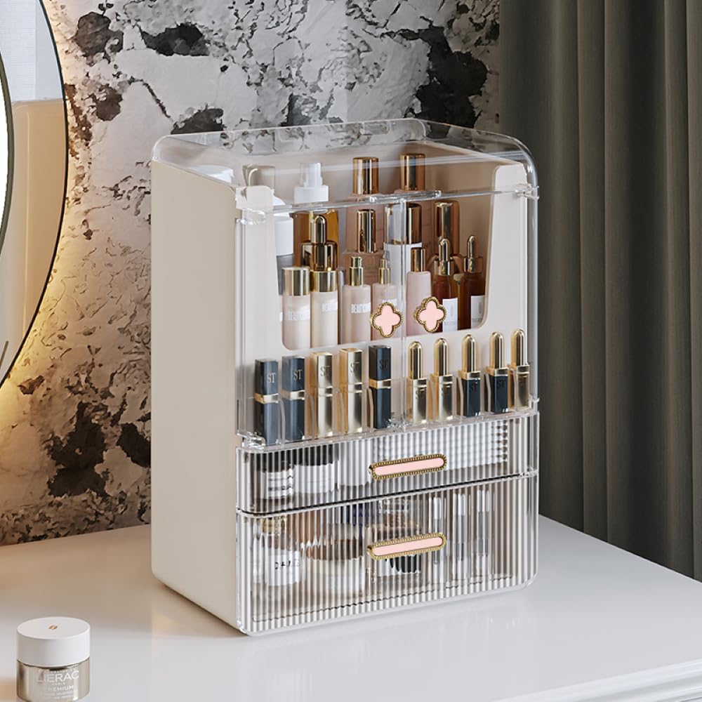 Acrylic Makeup Organizer with Drawers – 38.5CM Large Capacity Cosmetic Storage Box, Dustproof & Waterproof Vanity Organizer for Skincare, Jewelry, Lipsticks & Beauty Products (White)