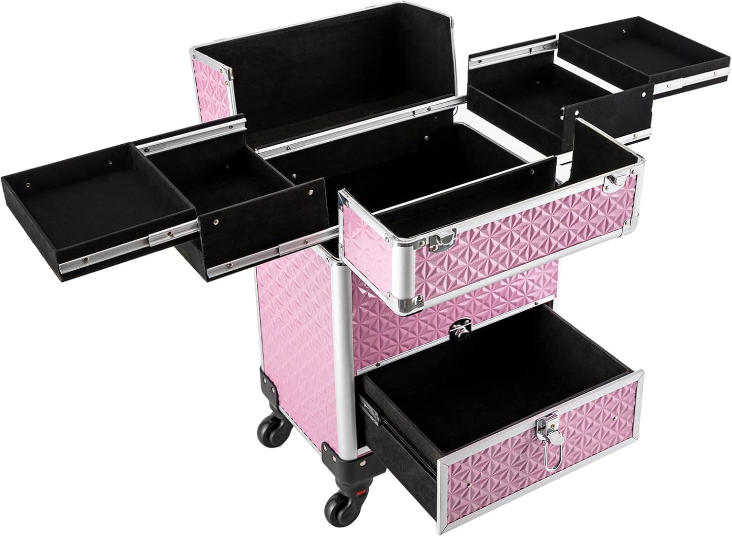 Rolling Makeup Train Case Pink Professional Cosmetic Organizer Trolley Large Capacity Travel Makeup Storage with Wheels