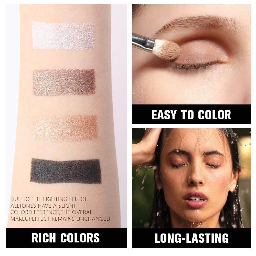 4 Colors Dark Brown Gold Silver Black Eye Shadow Powder Palette Makeup, Neutral Matte Shimmer Cream Quads Eyeshadow Palette for Women Highly Pigmented Waterproof, paleta de sombras de ojos 04