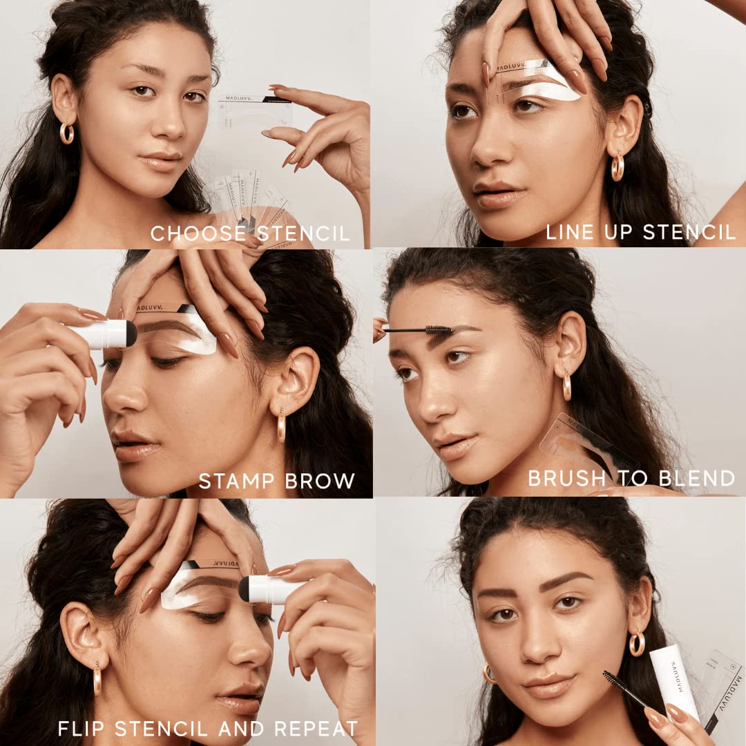 MADLUVV Brow Stamp Kit with Brow Stencils – Easy Eyebrow Shaper for Natural-Looking Brows – Popular Eyebrow Stencil Kit Used by Professionals – 9 Shapes, Spoolie, Travel Bag & Stamp (Medium Brown)