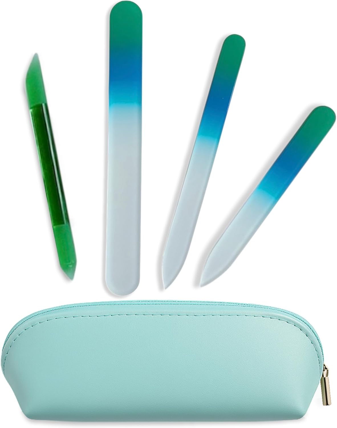 Alban Czech Glass Nail File Set with Manicure Stick & Vegan Leather Cosmetic Case (Green-Blue Nail Files, Green Manicure Stick & Light Blue Cosmetic Case)