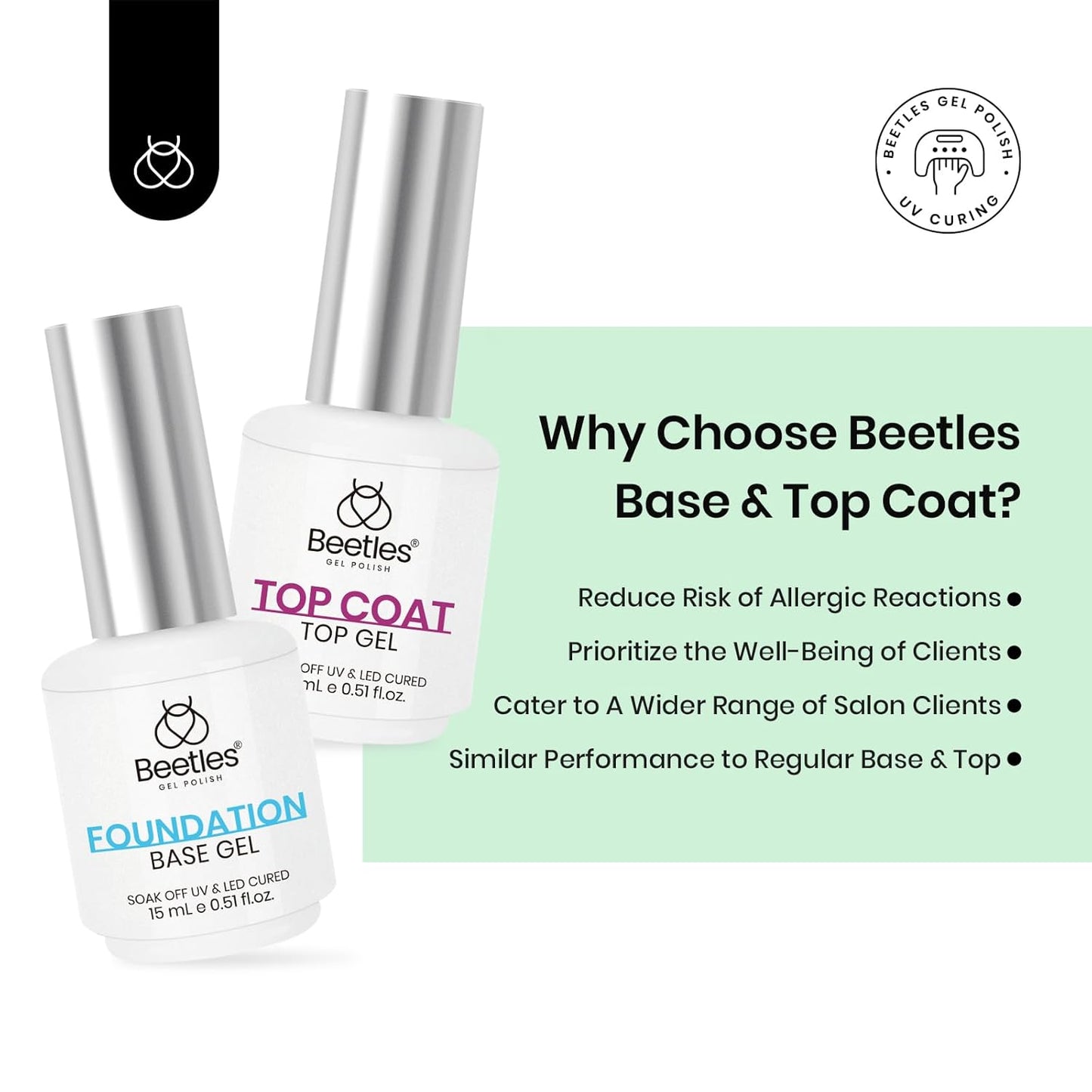 Beetles 2Pcs Hema Free Gel Base and Top Coat Set No Wipe, Upgraded Mild Formula Glossy Top Coat Gel Nail Polish Long Lasting Effect Soak Off No More Damaged Nails