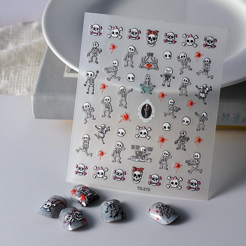Halloween Nail Art Stickers 5D Embossed Skull Blood Skeleton Nail Stickers, Self-Adhesive Durable Nail Art Decals for Women Girls, Nail Wraps Decoration Manicure for DIY Acrylic Nail Accessories