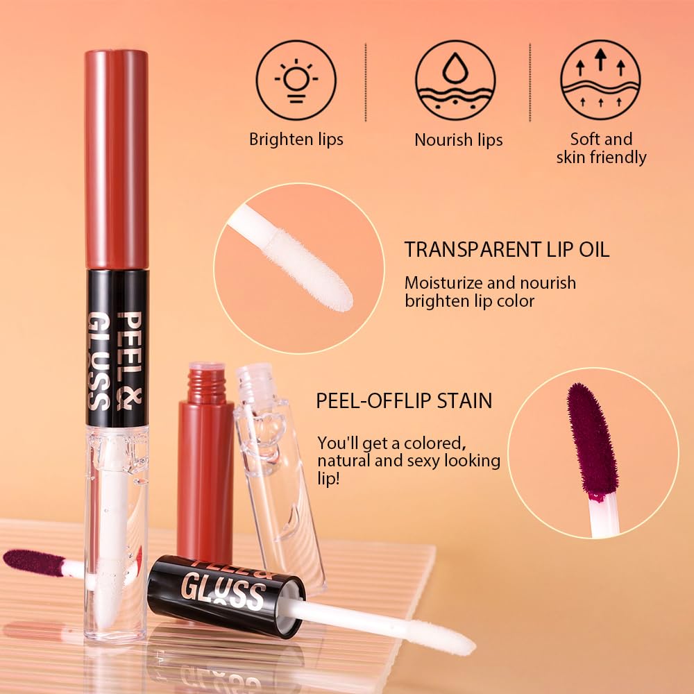 2Pcs Liquid Lip Stain Peel Off Lip liner and Lip oil with Tweezer, Dual-Ended Peel Off Lip Stain Tattoo, Highly Pigmented Long Lasting Waterproof, Transfer-proof for All Skin Types, 03#+05#
