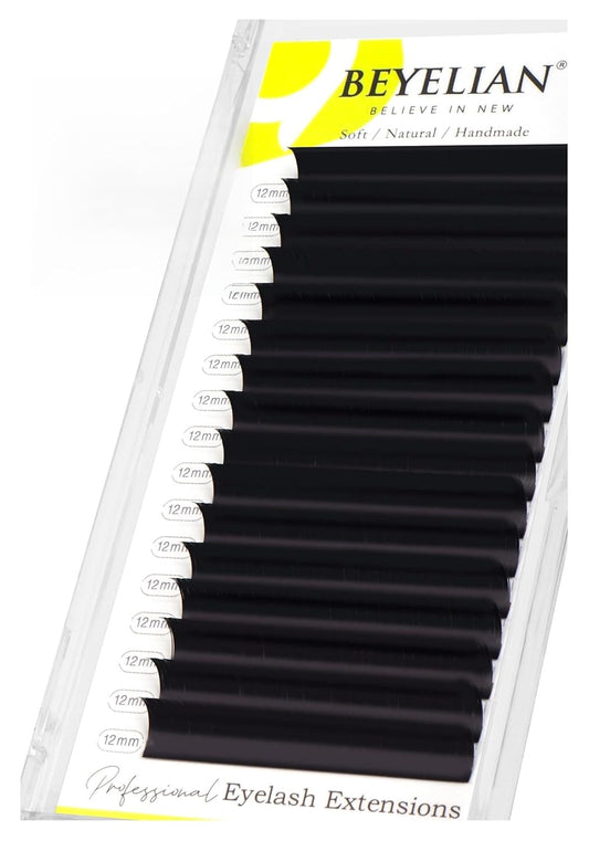 BEYELIAN Eyelash Extension 0.05 D+ Curl 12mm Tray Easy Fan Lash Extensions Volume Lashes Natural Matte Black Professional Salon Use Self Fanning Lash Extensions (0.05 D+ 12mm)