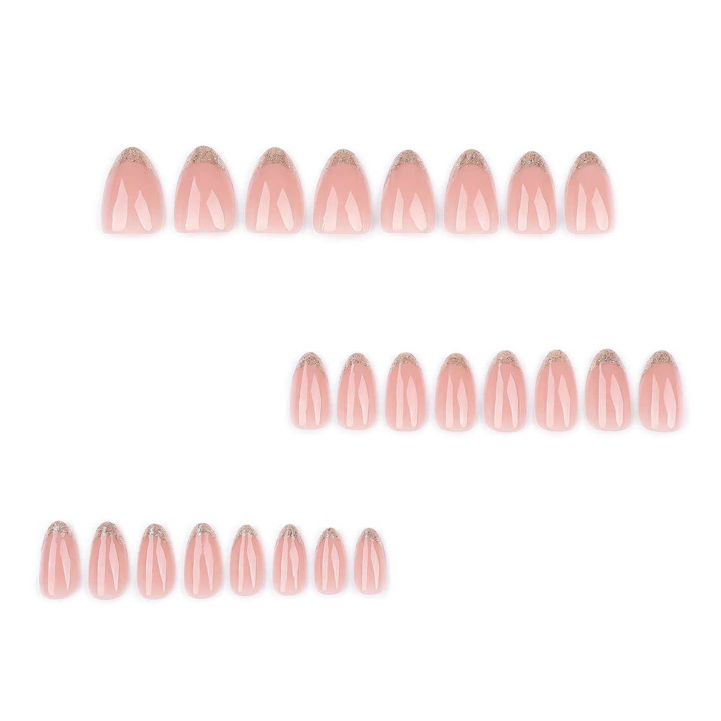 French Press On Nails Short Almond, Pink Fake Nails with Gold Border Accent Glitter French Tips Designs, Glossy Gel Finish Acrylic Nails Press Ons Short, Natural Reusable Glue On Nails Kit, 24Pcs