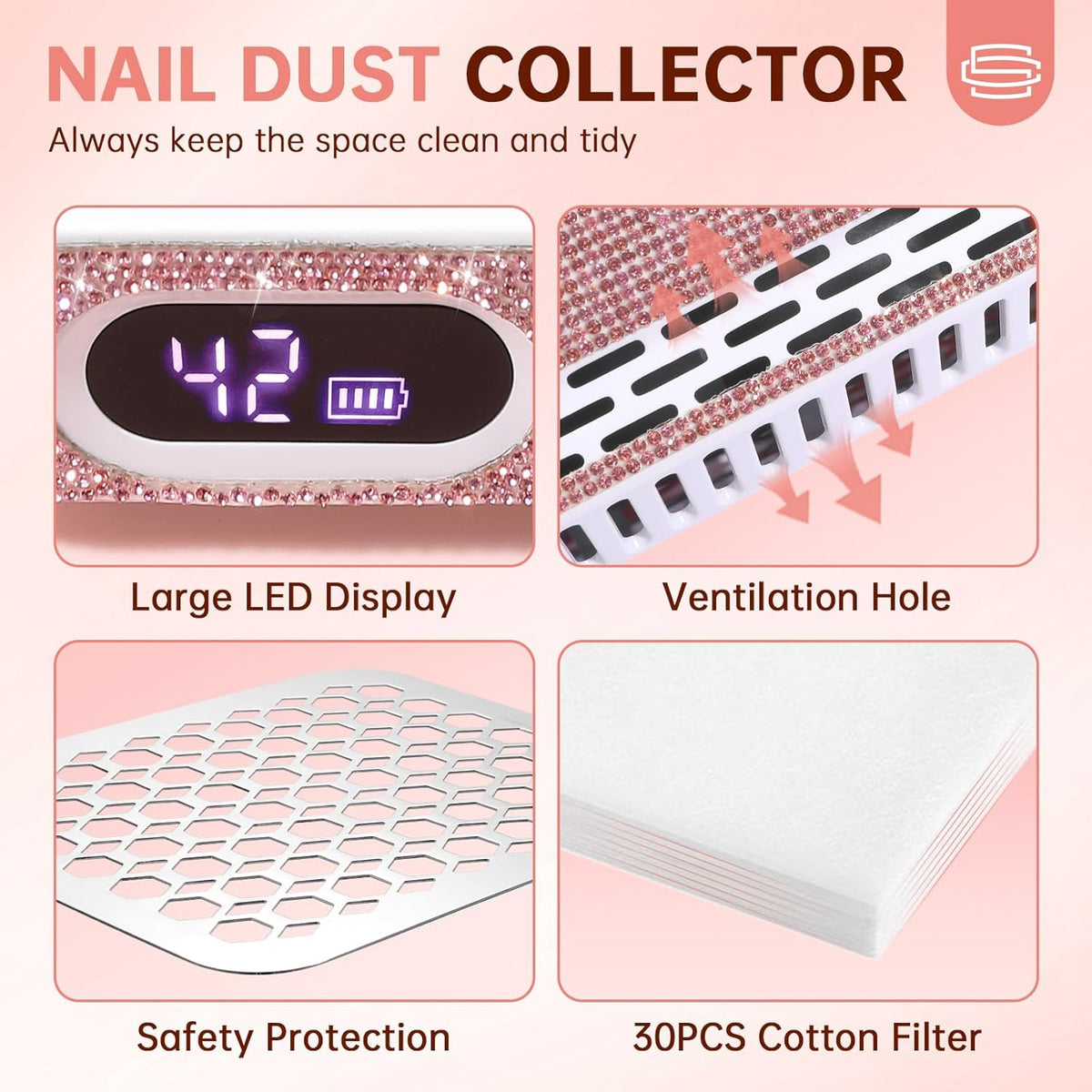 Nail Dust Collector, Rechargeable Dust Collector Nail Tech, Powerful Vacuum Fan Vent Dust Collector Extractor Dust Suction Machine for Acrylic Nails Polishing, Nail Salon&Home, Pink