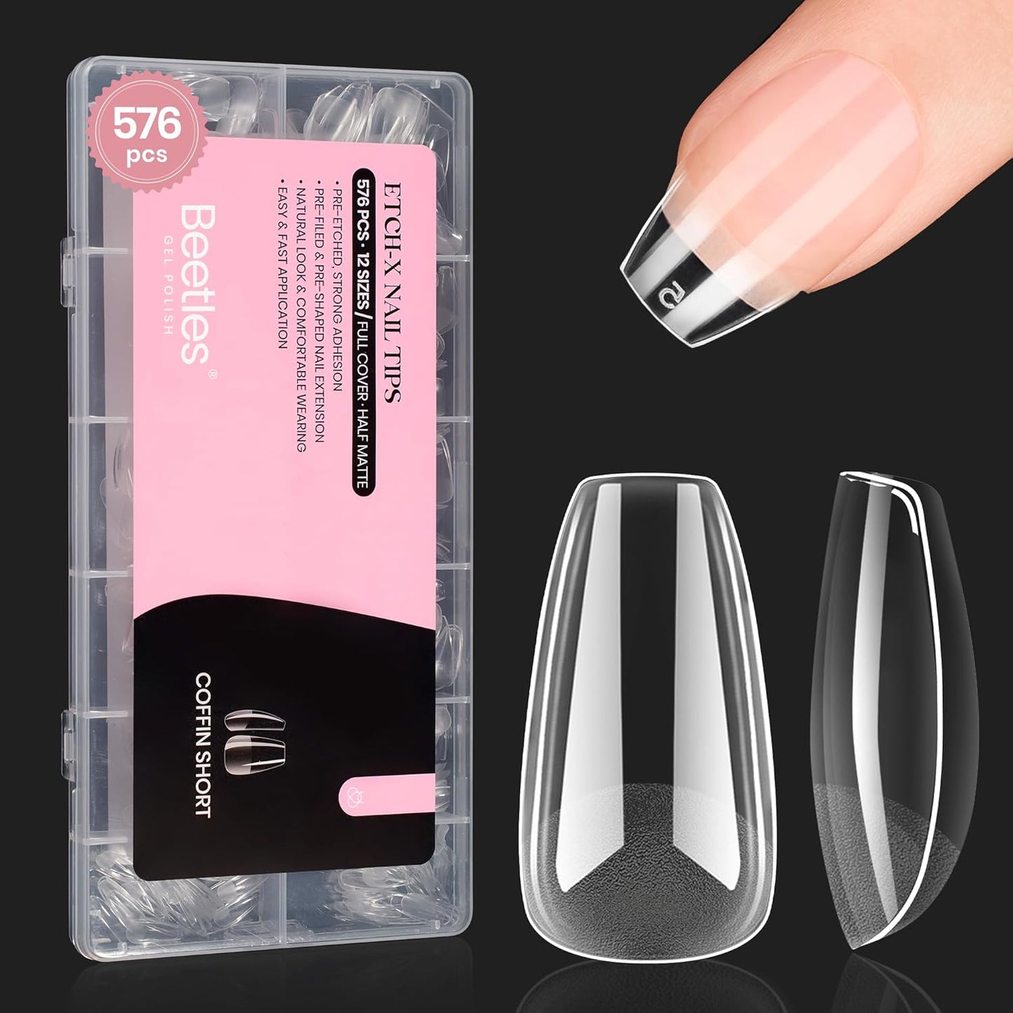 Beetles Short Coffin Nail Tips 576 PCS Half Matte Pre-shape Short Coffin Fake Nails 12 Sizes Full Cover Acrylic False Nails Nail Extension DIY Manicure Gifts for Women