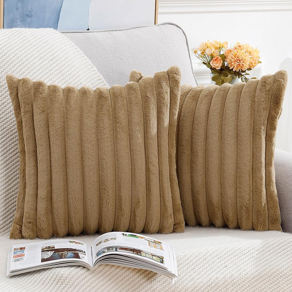 MADIZZ Set of 2 Faux Wool Plush Decorative Throw Pillow Covers 18x18 Inch Camel Fluffy Striped Soft Decorative Cushion Cover for Sofa Bedroom Pillow Shell