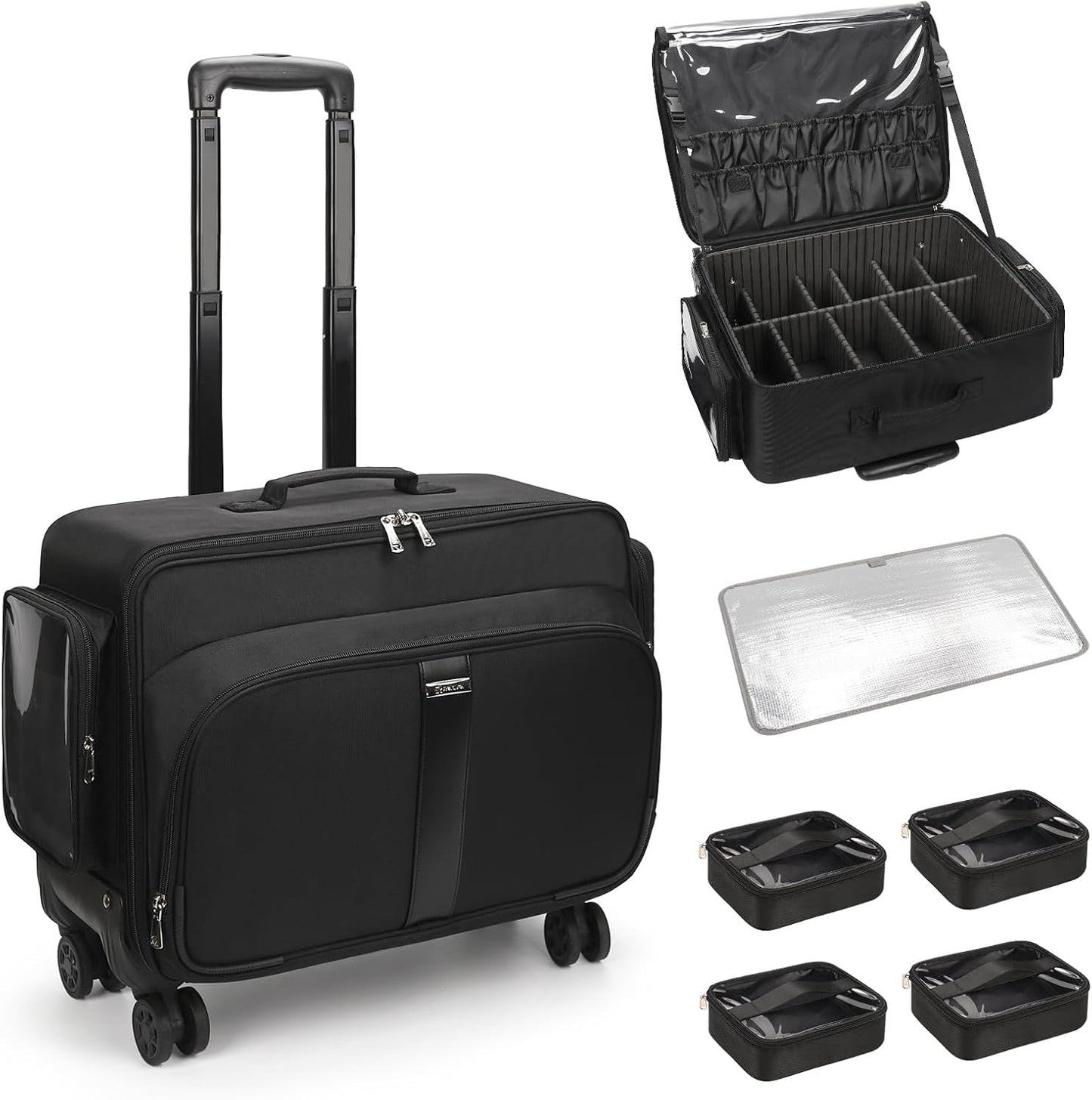 Professional Rolling Makeup Case Extra Large Travel Cosmetic Trolley with Removable Pouches &amp; 360° Wheels