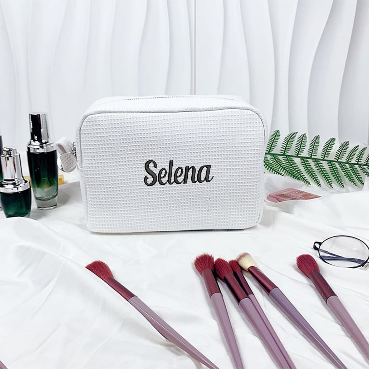 GOPHIE Personalized Embroidered Makeup Bag,Custom Waffle Fabric Cosmetic Pouch for Women, Travel Makeup Pouch (6, White)