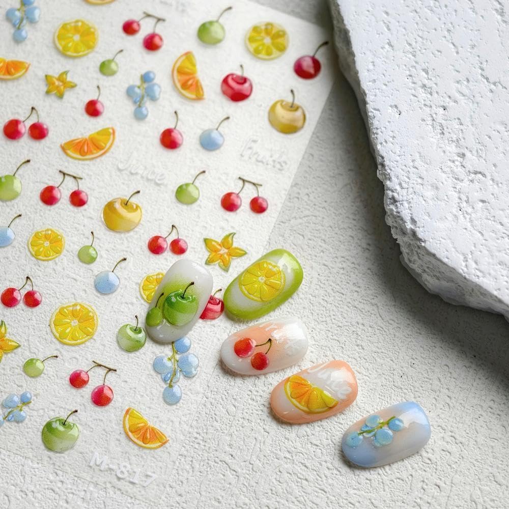 5D Embossed Fruit Nail Stickers Purple Grapes Nail Designs 3D Self-Adhesive Pineapple Lemon Nail Decals Summer Red Cherry Nail Art Decoration for Women Girls DIY Manicure 2 Sheets