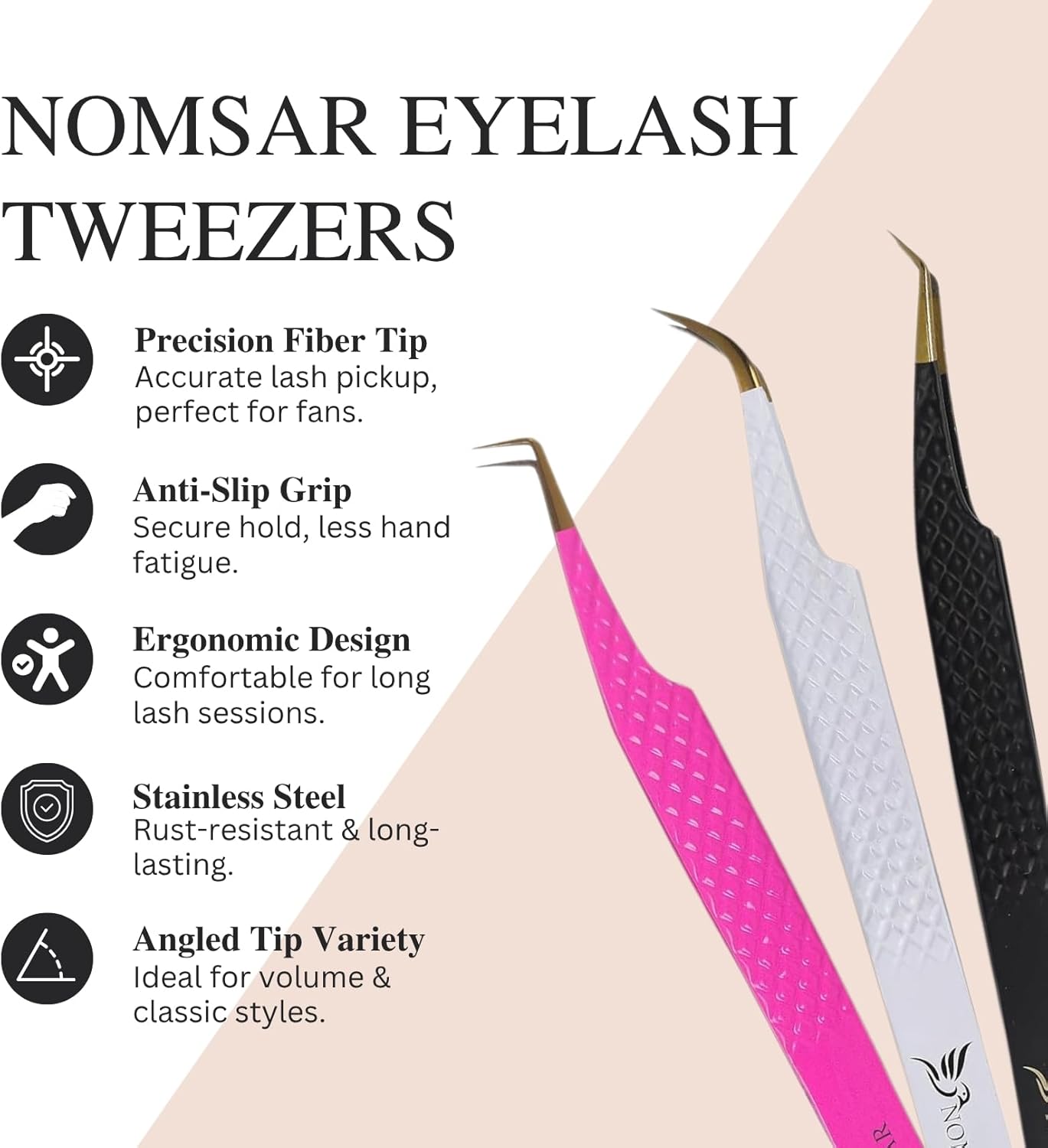 Eyelash Extensions Tweezers, Set of 3 - Stainless Steel with Diamond Grip for Volume lash Extension - Fiber Tip Tweezers for Multipurpose & Application (Light Green)