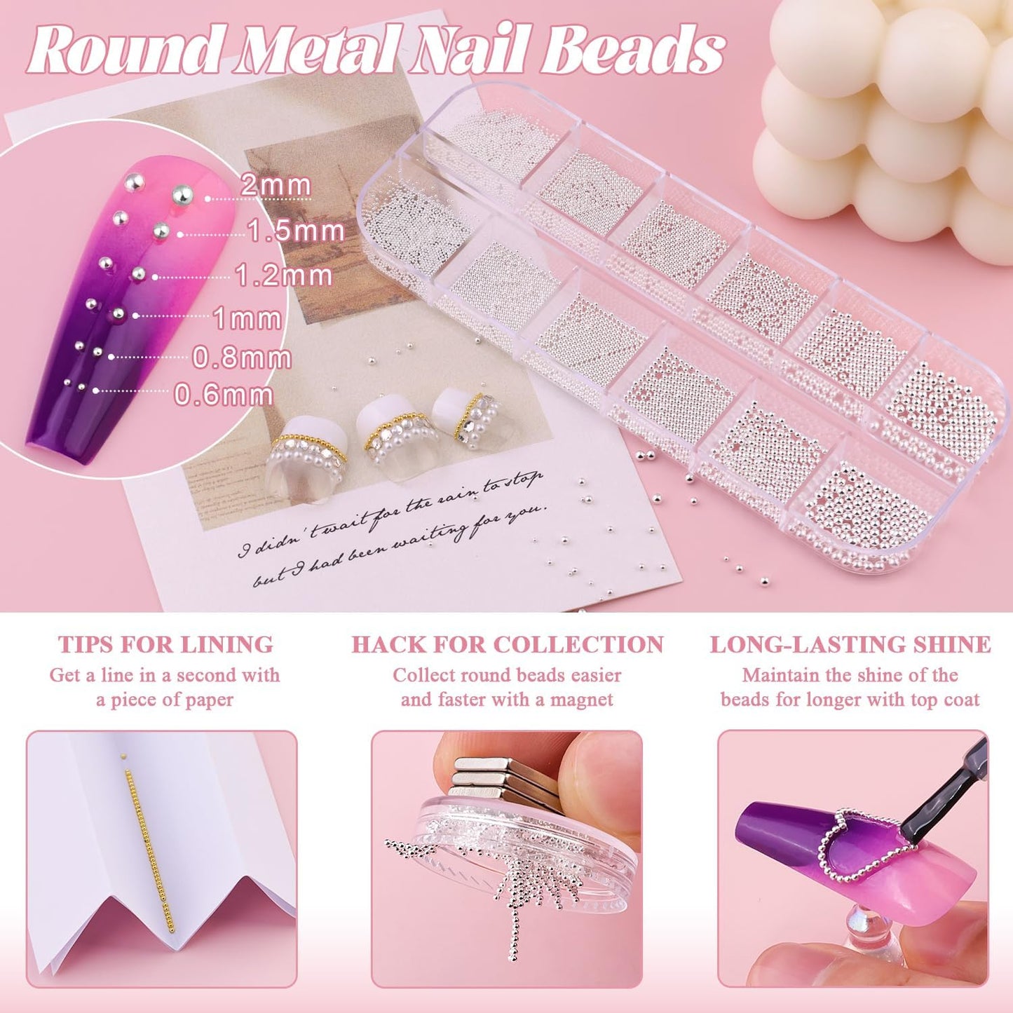 2 Boxes Flatback Pearls (White) and Metal Nail Beads (Silver) with Rhinestones Glue Gel for Nail Art, Pearl Nail Charms and Round Caviar Beads Nail Accessories for Acrylic Nail Tips Manicure Decor