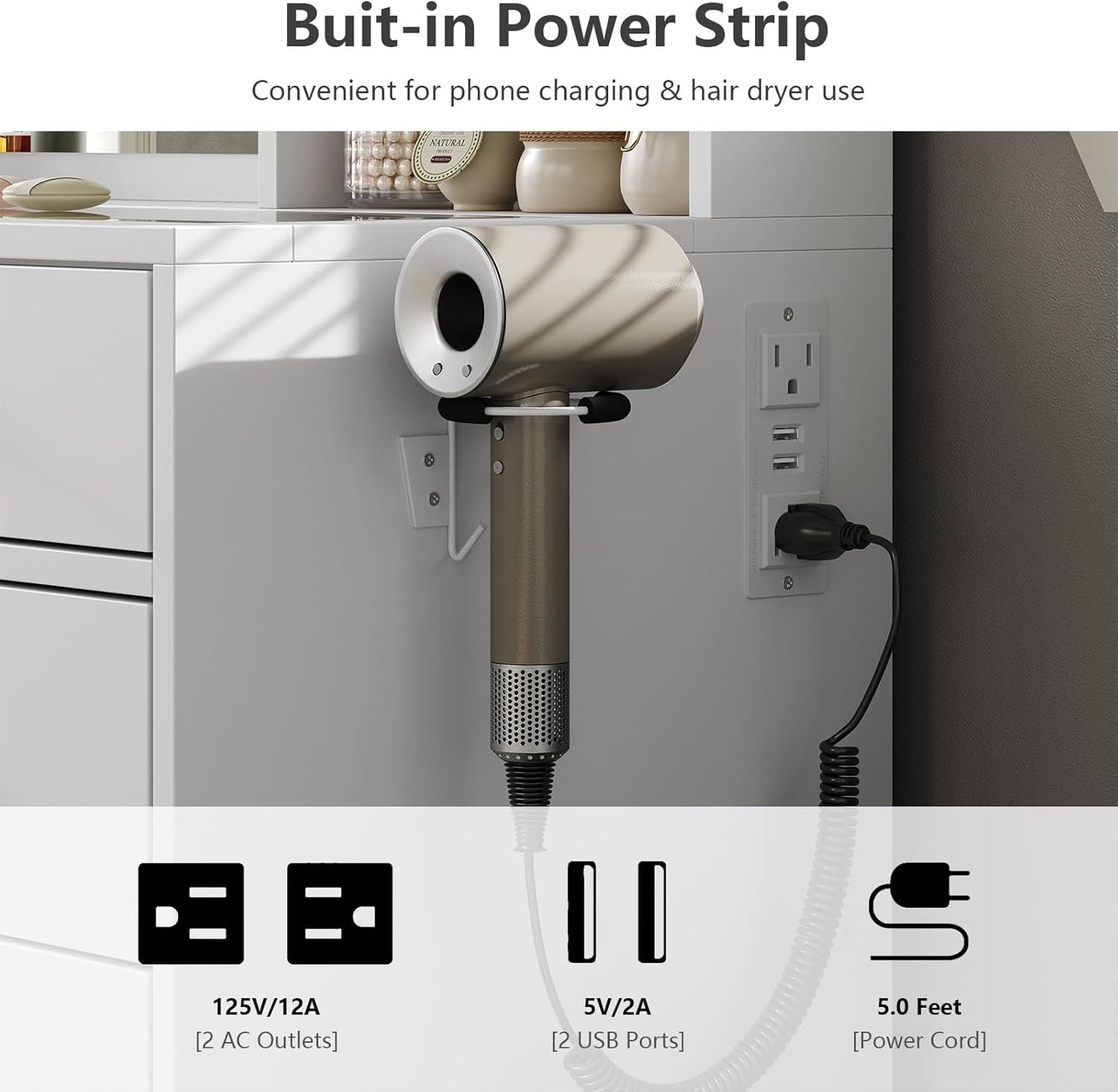 Vanity with Mirror and 10 LED Lights,Vanity Desk with Power Outlet, Makeup Vanity with 12 Drawers and 2 Cabinets, Fold-up Panel, Glass Top Vanity Table with Chair for Bedroom, White