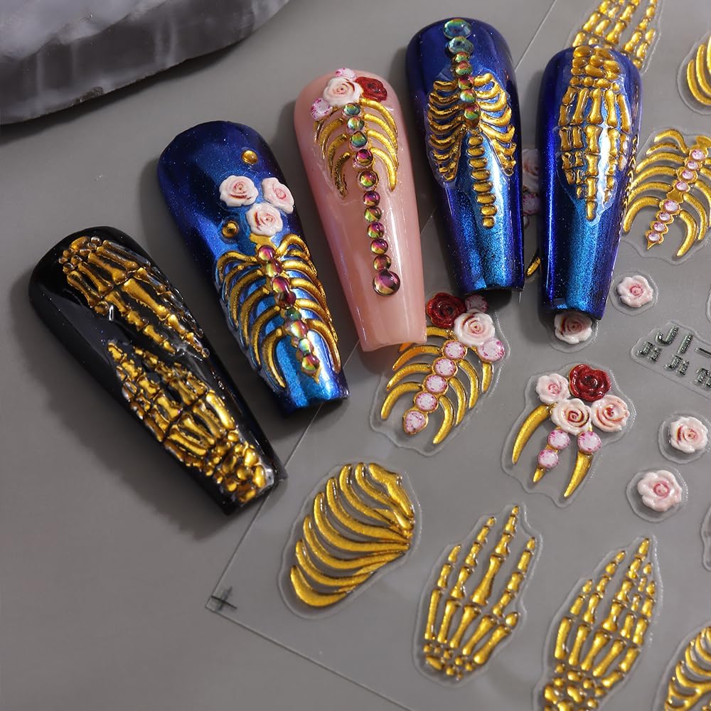 3Pcs Halloween Nail Art Sticker 5D Embossed White Claw Skull Nail Decals Gold Rose Gold Skeleton Nail Stickers 3D Self-Adhesive Hand Bone Nail Supplies Holiday Nails Accessories for Women DIY Manicure
