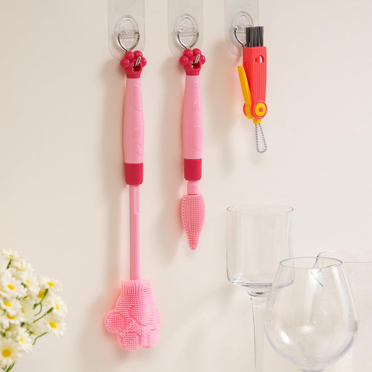 Adjustable Handle Length 10.5-13.8in Water Cup Cleaner Bottle Brush, Silicone Baby Bottle Brush, Pot Brush Cleaner, Pink