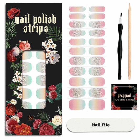 Nail Polish Strips - 22 Pcs Salon Quality Gel Nail Stickers - Long Lasting Wraps (Rainbow Basket Blue&Yellow)