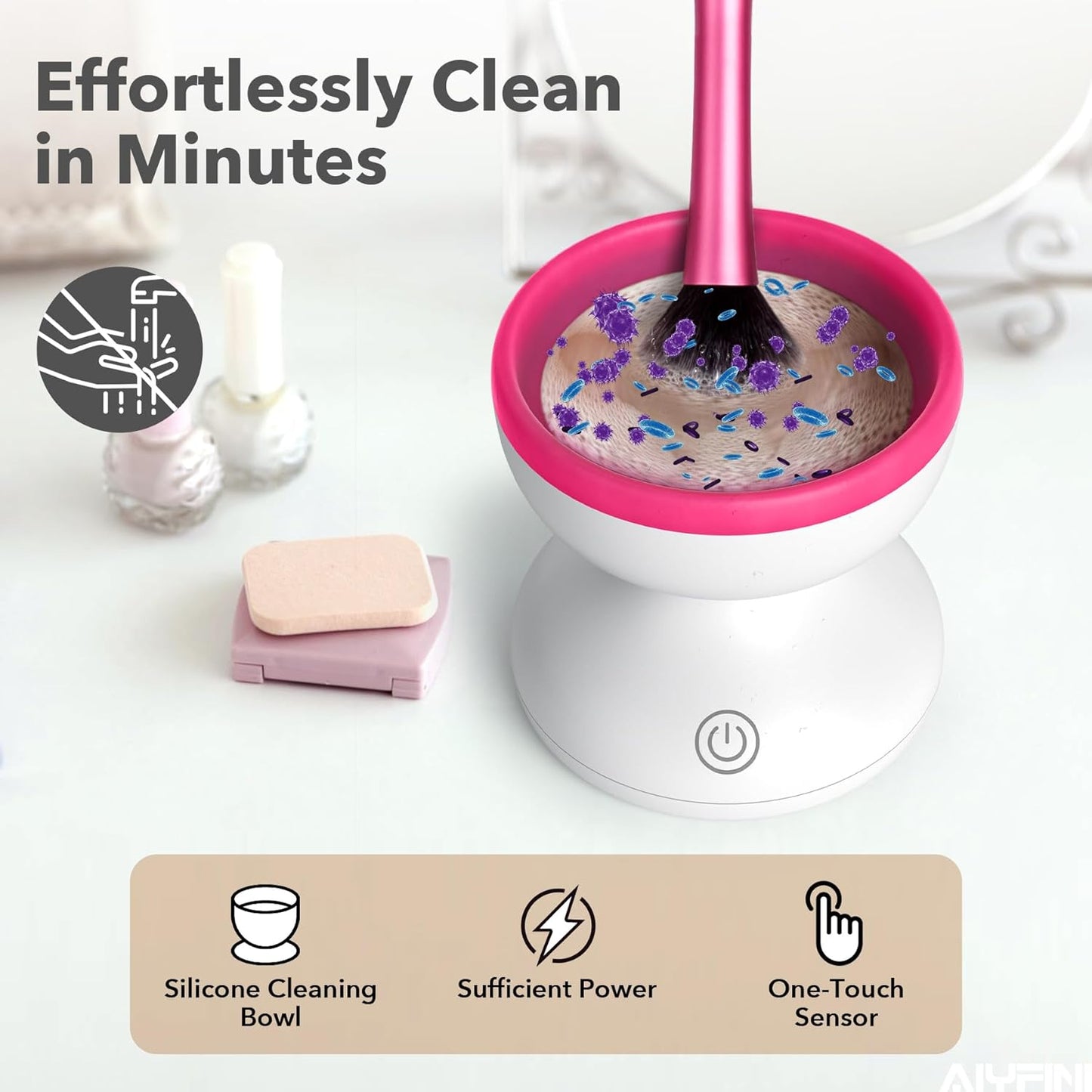 Alyfini Makeup Brush Cleaner Machine-Professional Electric Make up Brushes Cleaner Cleanser Solution for Kabuki Foundation Liquid Powder Face Makeup Self Tanner Brush,Gifts for Women Stocking Stuffers