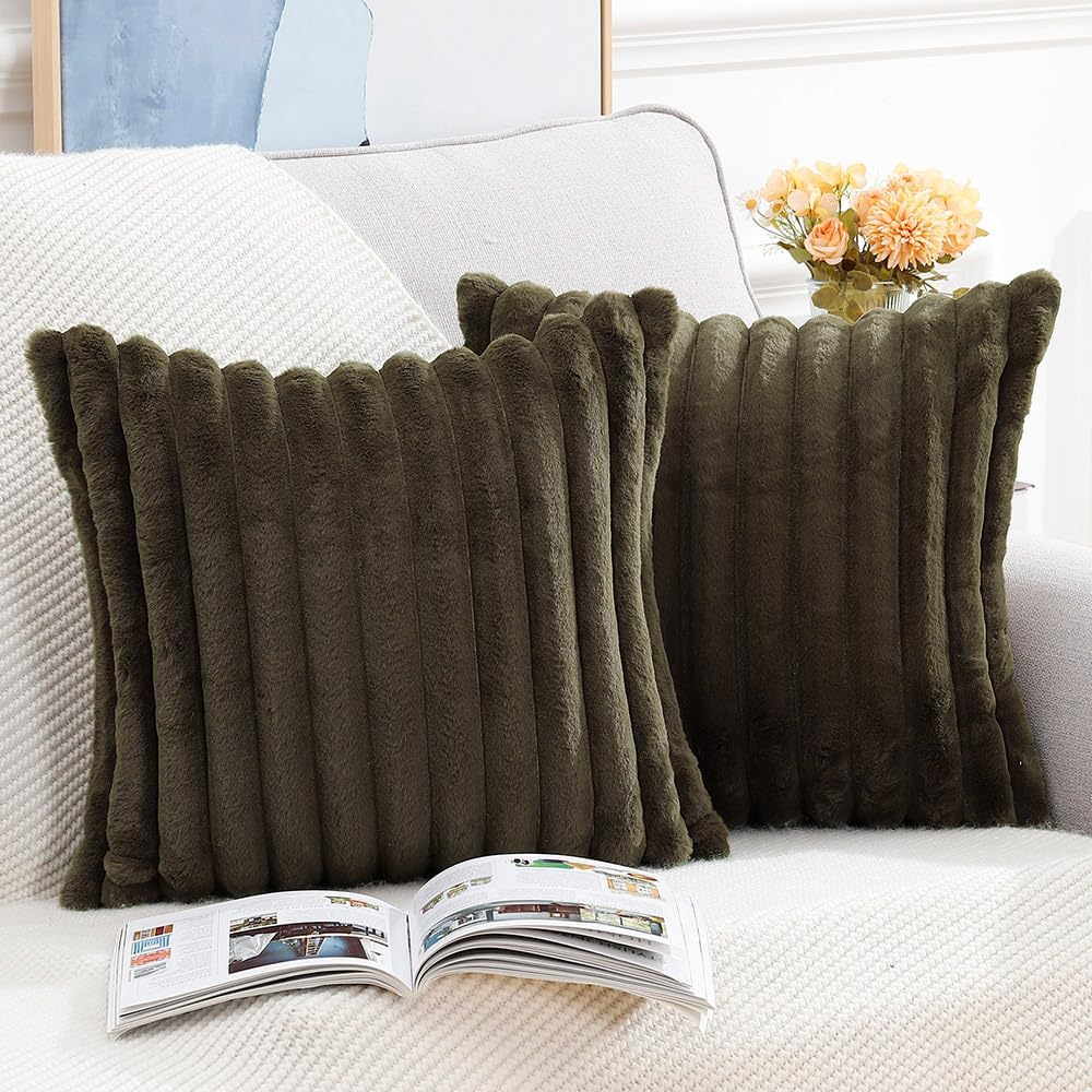 MADIZZ Set of 2 Faux Wool Plush Decorative Throw Pillow Covers 22x22 Inch Drak Brown Fluffy Striped Soft Decorative Cushion Cover for Sofa Bedroom Pillow Shell