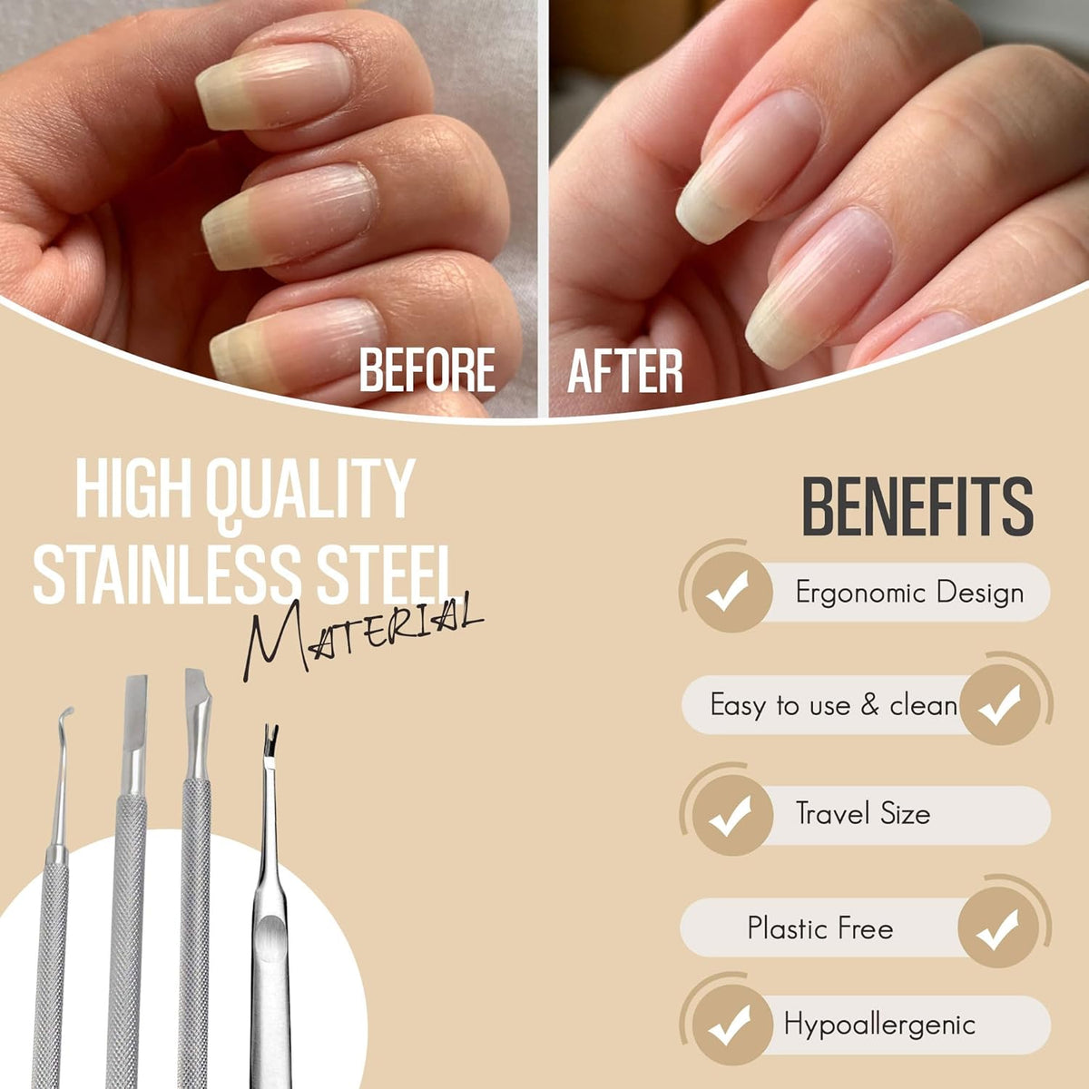 Cuticle Pusher Tools - Professional Nail Cuticle Pusher Cuticle Remover Cuticle Trimmer Ingrown Toenail Lifter Nail Cleaner Dual Sided Stainless Steel Manicure Pedicure Women 4 Pack Set Krisp Beauty