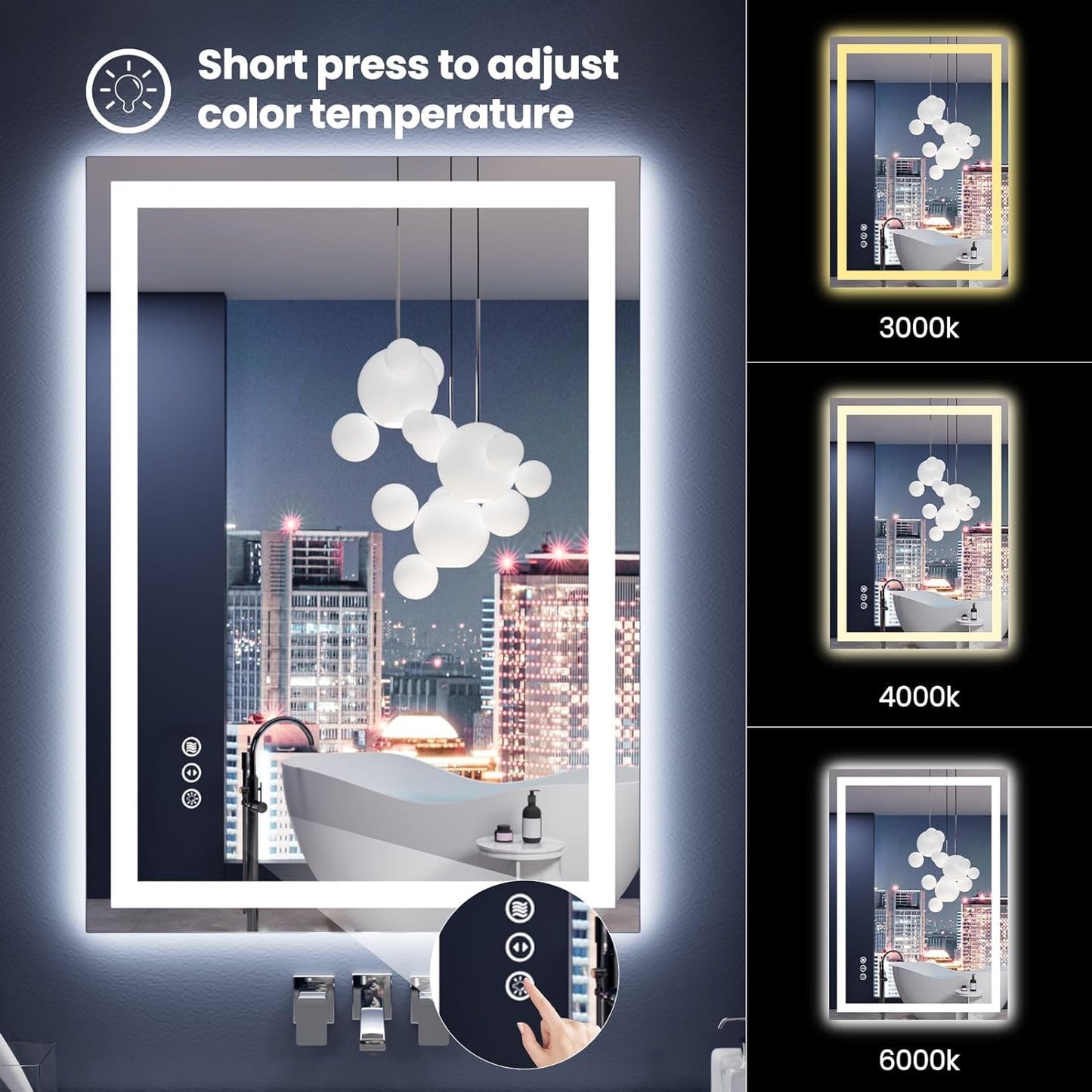 Amorho LED Mirror for Bathroom 28X20 Inch with Backlight and Front Lit, Fogless Mirror for Wall Mounted, Dimmable, 3 Colors, Memory