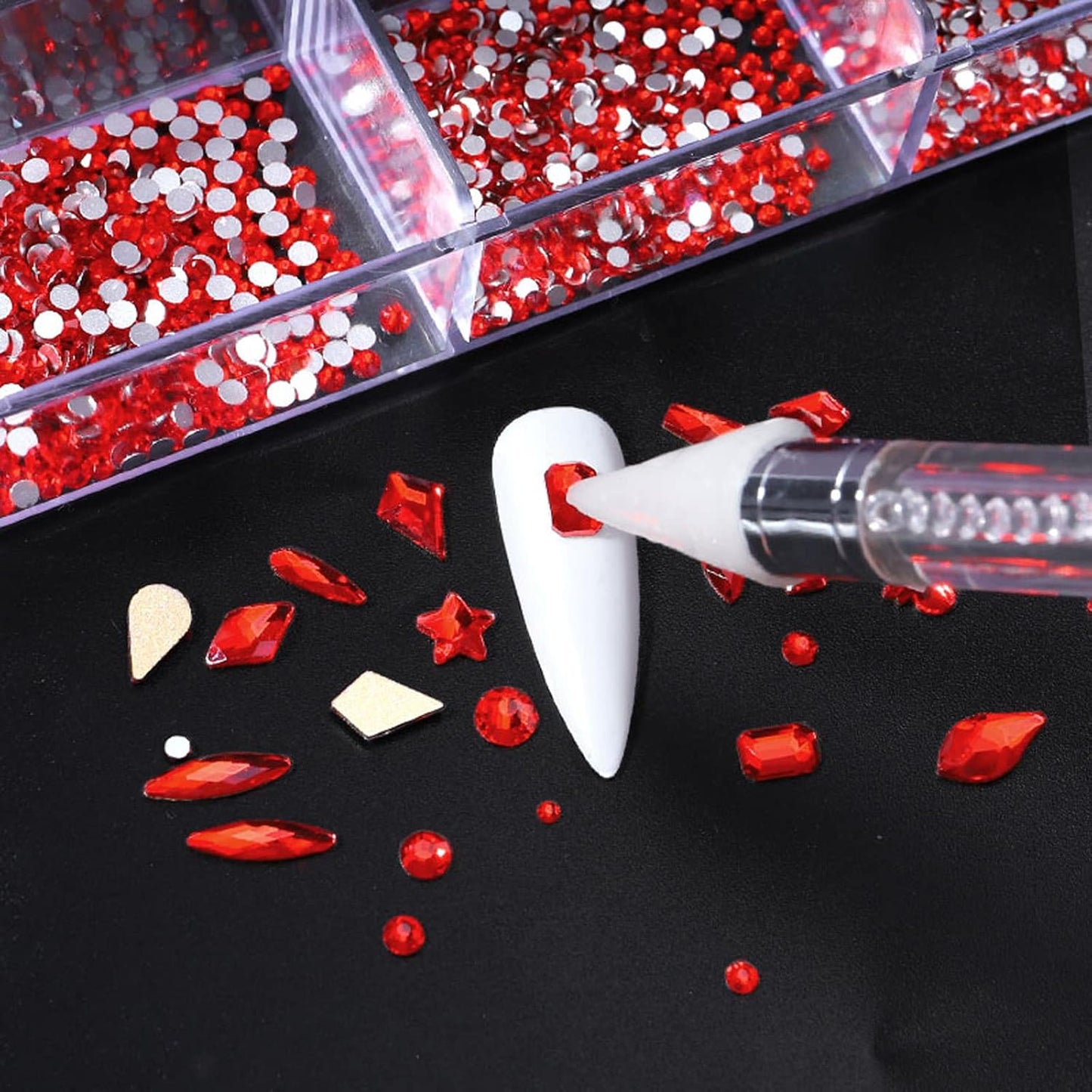 Nail Rhinestones Kit, Nail Art Decorations with Wax Pencil Flat AB Rhinestones Kit DIY Crafts Gemstones for Nail, Shoes, Clothes, Jewels (600 Red Diamonds + 2500 Flat Rhinestone)