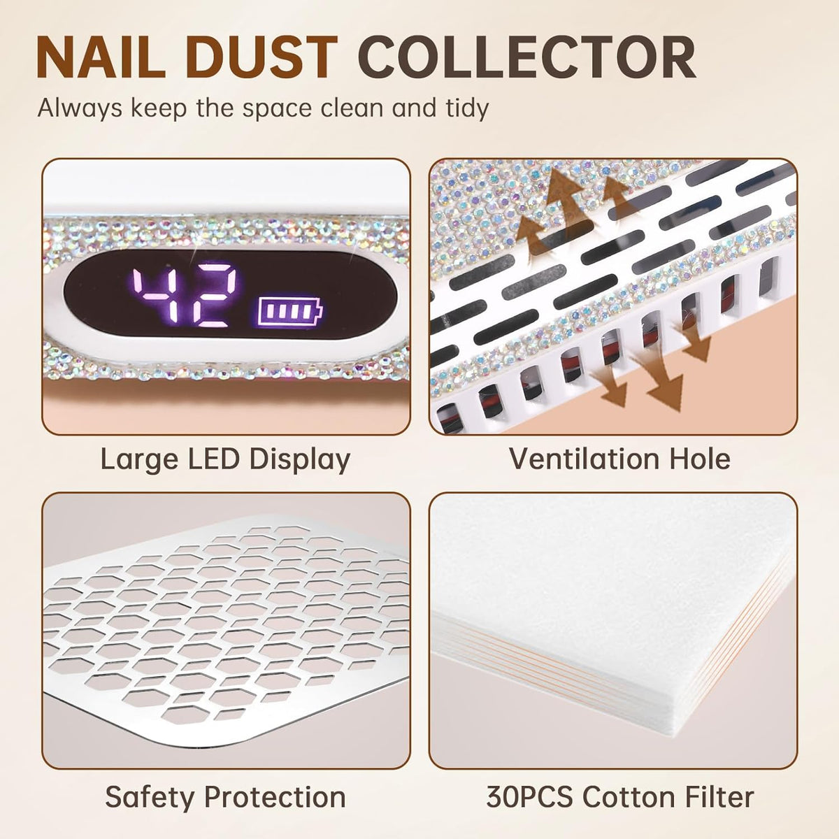 Nail Dust Collector, Rechargeable Dust Collector Nail Tech, Powerful Vacuum Fan Vent Dust Collector Extractor Dust Suction Machine for Acrylic Nails Polishing, Nail Salon&Home, White