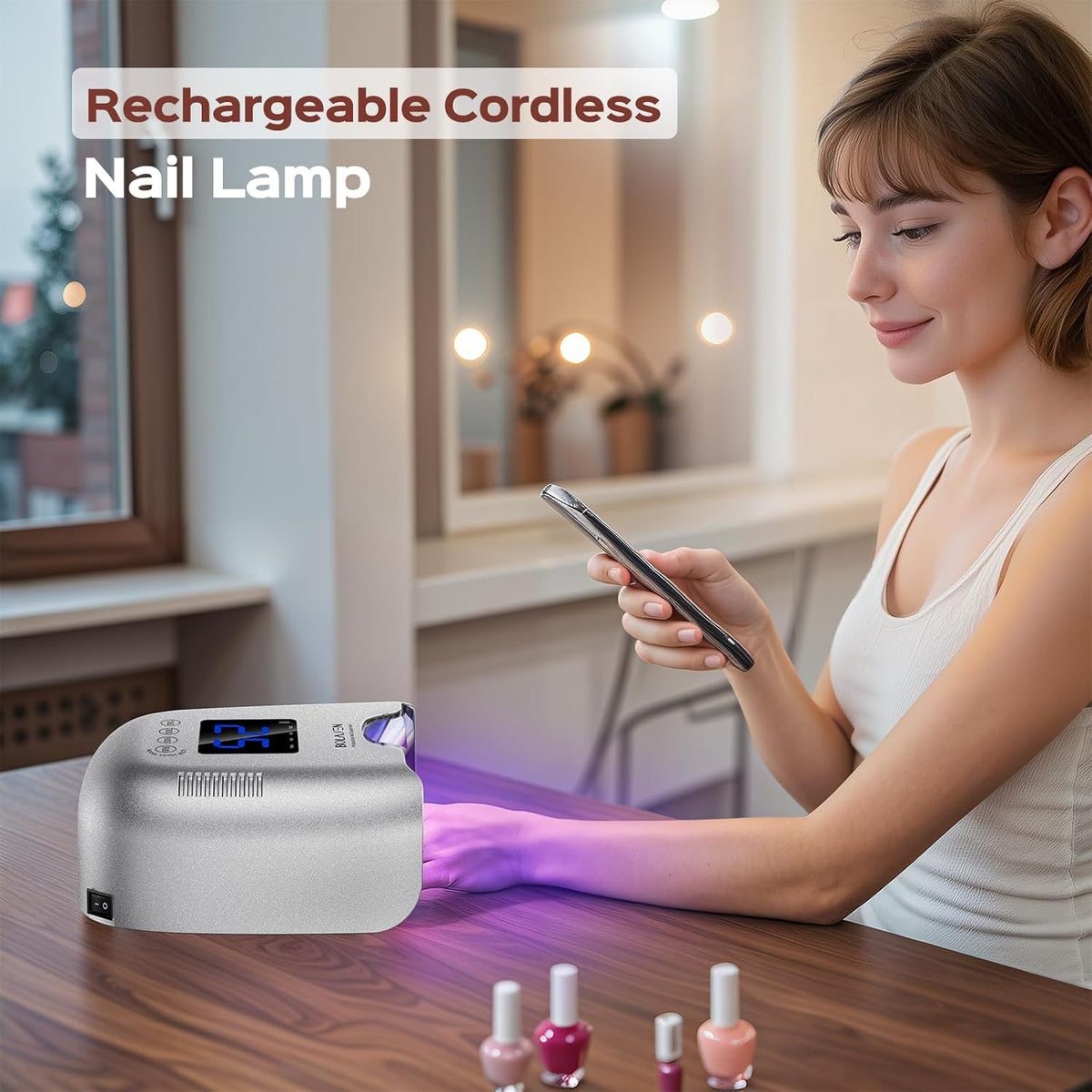 BOLASEN Cordless Rechargeable UV Nail Lamp - UV Light for Gel Nails with Metallic Reflector & Metal Base, 54W Portable Wireless LED Nail Dryer, Professional Curing Lamp for Salon, Silver Glitter