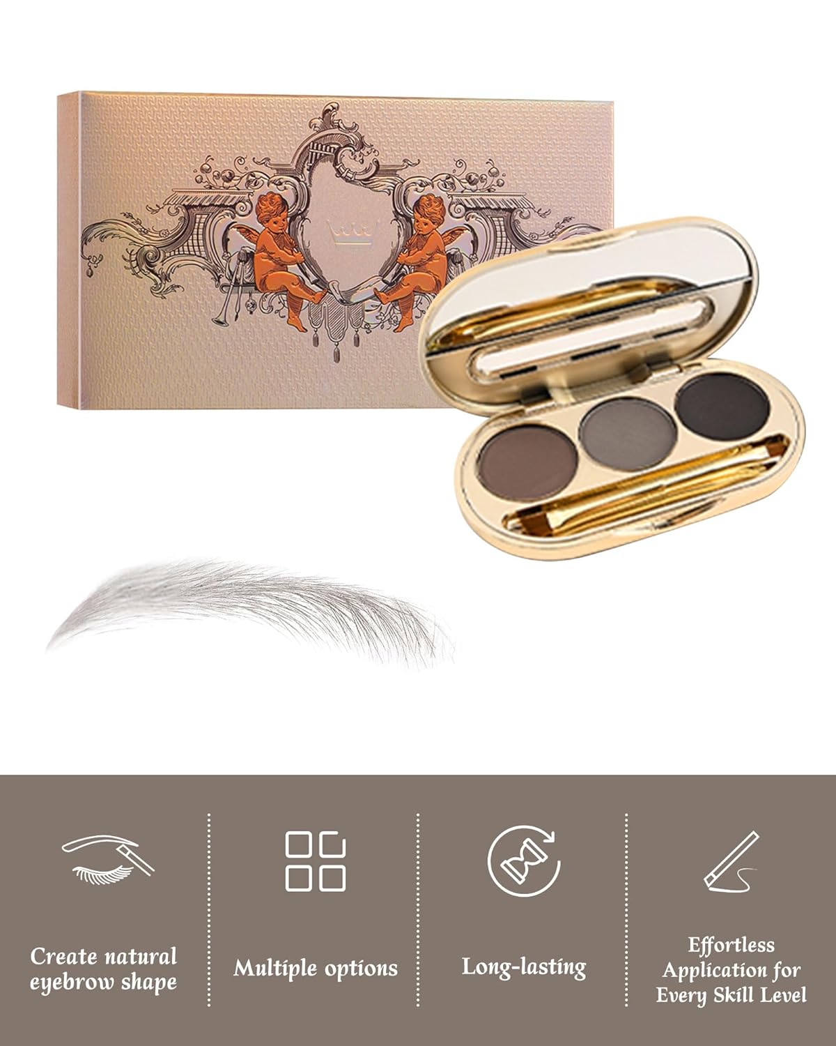 Waterproof Eyebrow Powder Kit - 3 Colors Long-Lasting Brow Powder Palette with Brush Razor & Stencil, Natural Tinting Powder for Women Sparse Brows | #02 Medium Brown, Grey, Black