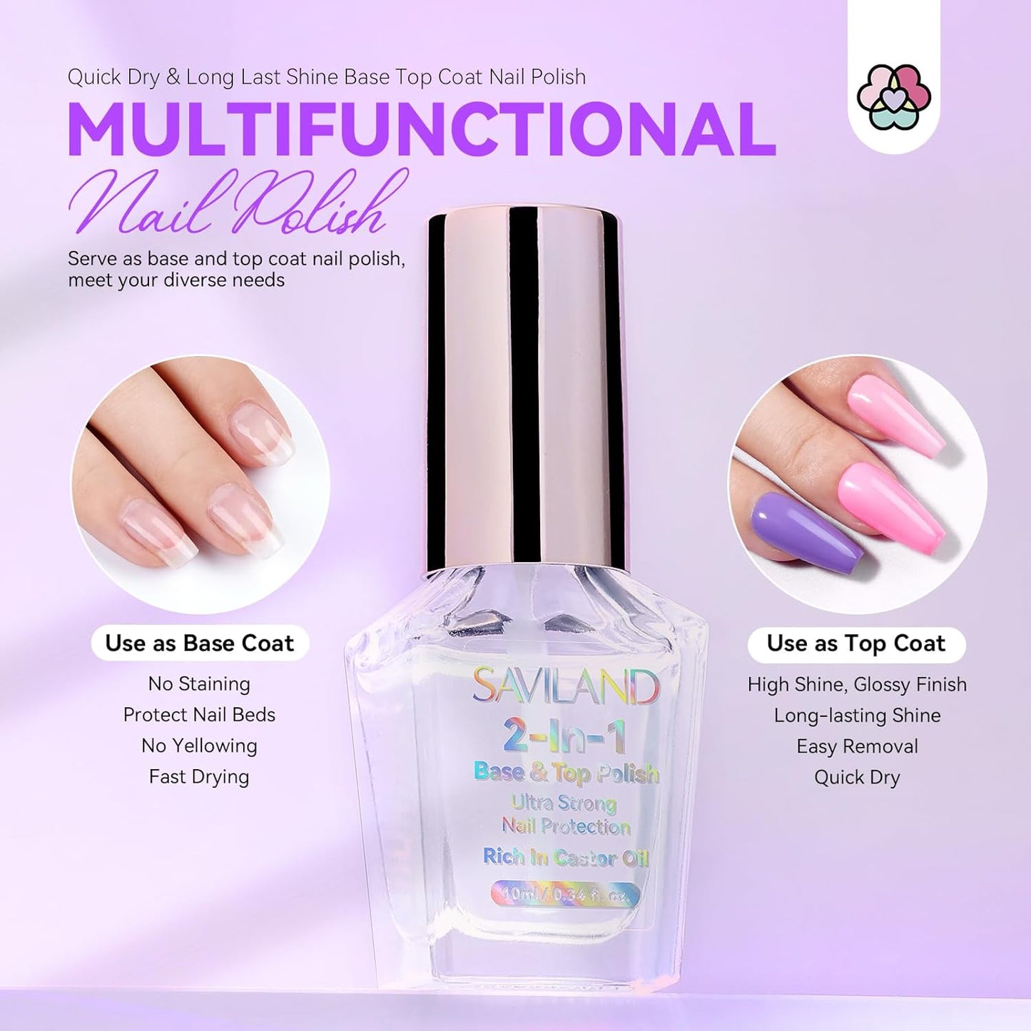 SAVILAND Clear Nail Polish Base Top Coat: 2 in 1 Quick Dry Nail Polish Long Lasting Fingernail Toe Polish Color Protection Resists Smudging, Chipping and Fading Shine Finish Polish Salon Home Nail Art