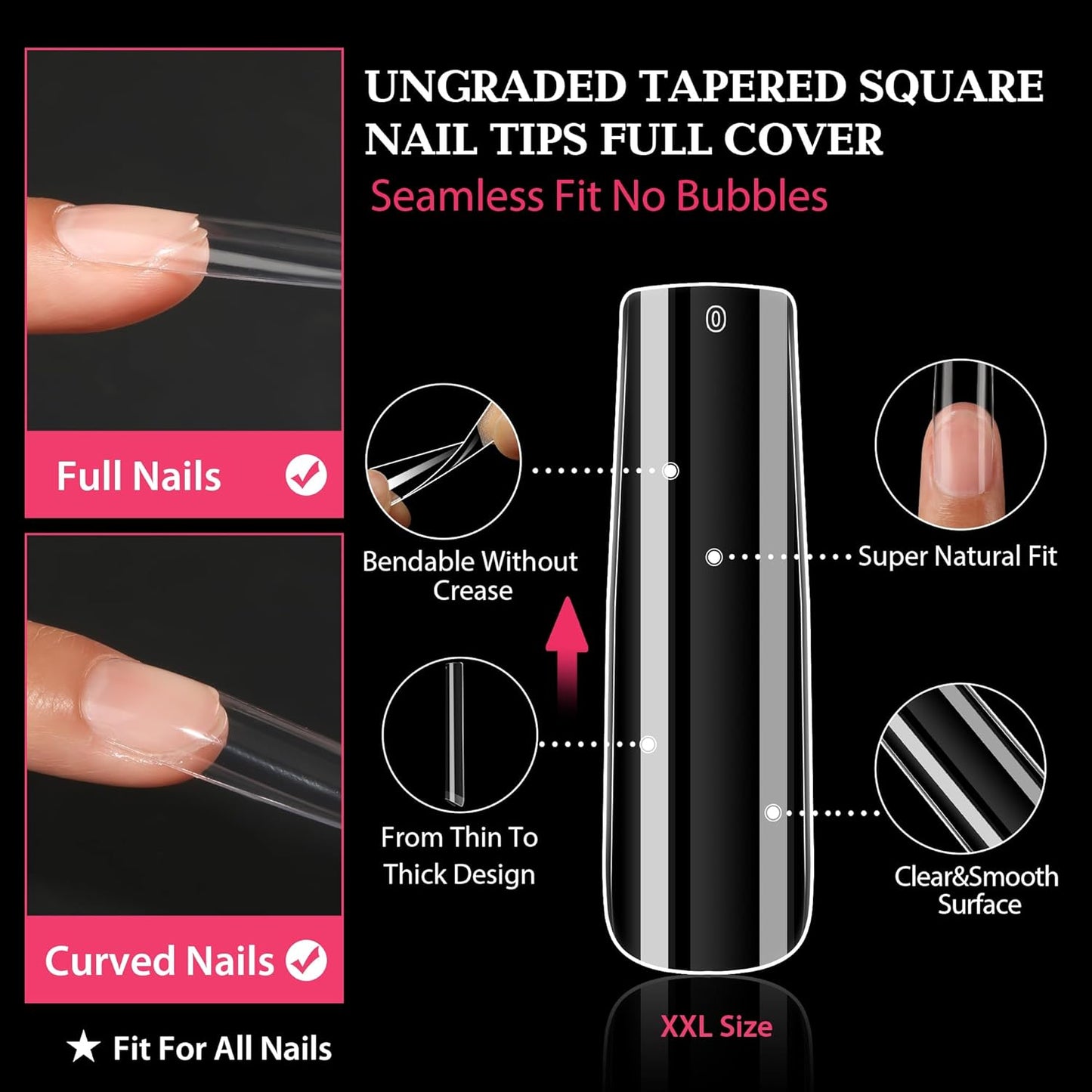 UNA GELLA XXL Long Square Nails Tips 216 PCS No C Curve Straight Nail Tips Full Cover Square Gel Tips Extra Long Nail Tips Clear False Fake Nails Gel Nail Extension for Nail Salon Home DIY 12 Sizes